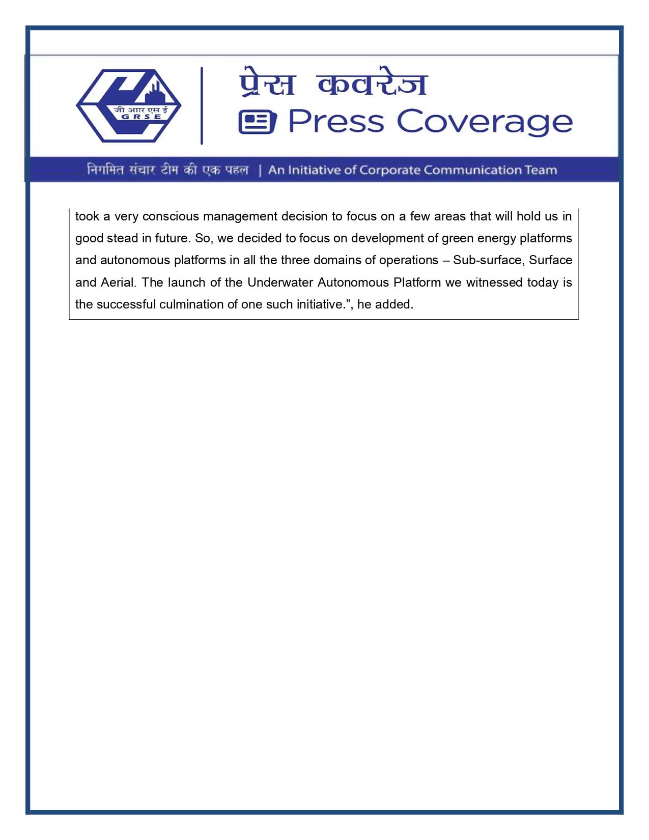 Press Coverage : Indian Defence Review, 31 Jul 23 : DRDO Chairman lauds GRSE's initiative on Autonomous Vessels in the Maritime Domain